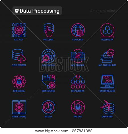 Data Processing Thin Line Icons Set: Data Science, Filtering, Deep Learning, Mobile Syncing, Big Dat