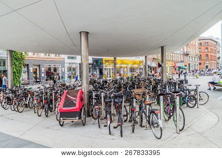 Copenhagen, Denmark - August 28, 2016: Rows Of Bicycles At Norreport In Copenhagen