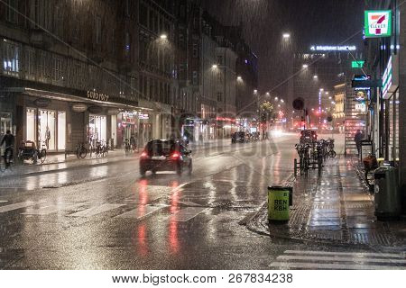 Copenhagen, Denmark - August 28, 2016: Night Rainy View Of Vesterbrogade Street In Copenhagen, Denma