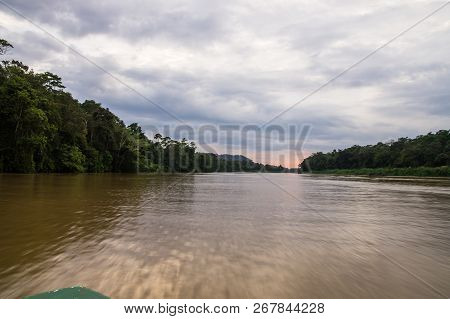 Boat Trips Along The Overgrown Jungle Of The Kinabatangan River, Sabah, Borneo. Malaysia.