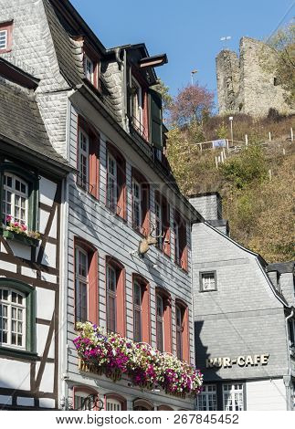 Monschau, Germany, October 2018 - Picturesque Buildings And Castle In The Historic Center Of Monscha