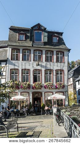 Monschau, Germany, October 2018 - Picturesque Cafe Bar In The Historic Center Of Monschau, Aachen, G