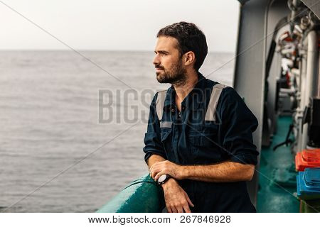 Marine Deck Officer Or Chief Mate On Deck Of Vessel Or Ship