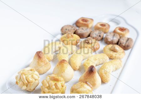 Panellets - Typical Catalan Marzipan Dessert For All Saints Day Called Castanyada, Copy Space, White