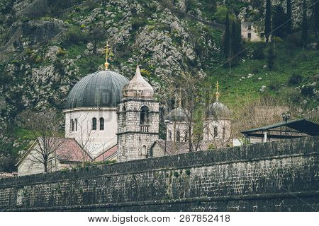 St. Nicholas Church Dome And The Massive Walls Of The Fortification Bastion Riva By The River Shkurd