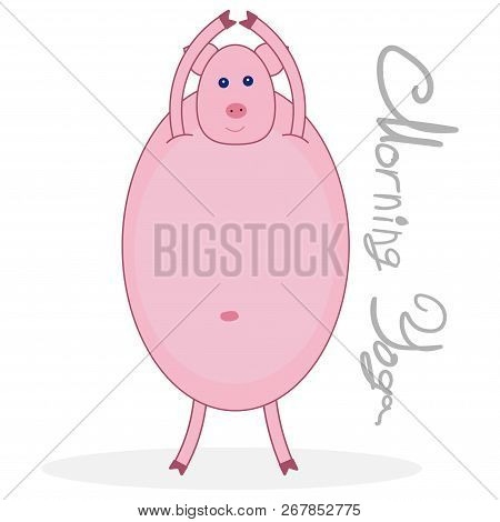 Morning Yoga With A Pig. Pig Stands And Pulls His Hands Up. Pig Isolated On White Background With Sh