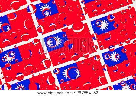 Flags  Of Tchaj-wan, Behind A Glass Covered With Rain Drops.pattern From Tchaj-wan Flags. 3d Illustr