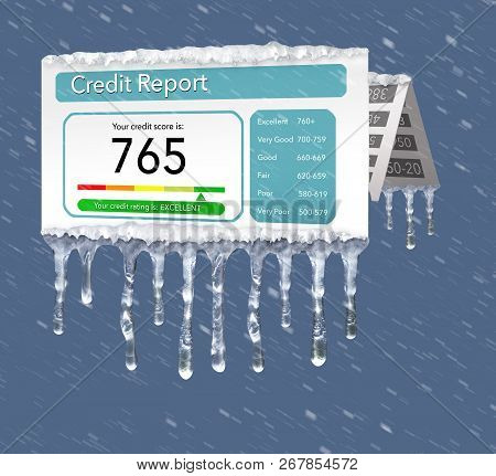 A Credit Freeze, Or Freeze On Your Credit Report Is Represented With Icicles And Snow On A Mock Cred