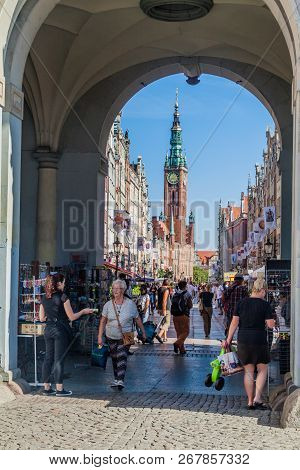 Gdansk, Poland - September 1, 2016: View Of Long Dluga Street Through Golden Gate In Gdansk, Poland