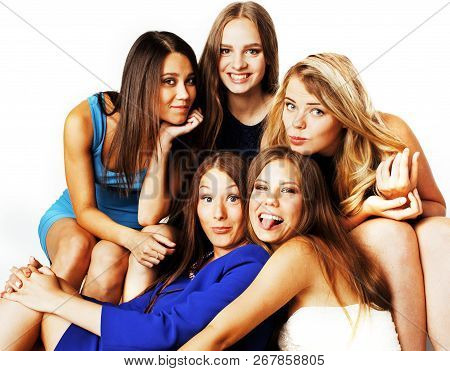 Many Girlfriends Hugging Celebration On White Background, Smilin