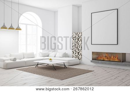 Corner Of Modern Living Room With White Walls, Wooden Floor, Arched Window, And White Sofa Near Coff