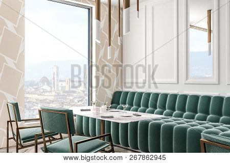 Corner Of Modern Restaurant With White Geometric Pattern And White Walls, Wooden Floor, Loft Window 
