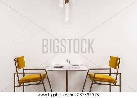 Corner Of Modern Restaurant With White Geometric Pattern And White Walls, Wooden Floor, Loft Window 