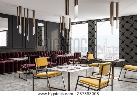 Corner Of Modern Restaurant With White Geometric Pattern And White Walls, Wooden Floor, Loft Window 