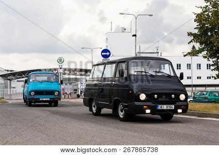 Vrchlabi, Czech Republic - August 25 2018: Vintage Cars Skoda 1203 Oldsmobile Veterans Leaving Vrchl