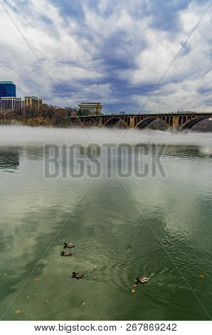 Francis Scott Key Bridge Across Potomac River, Winter Fog On The Water.