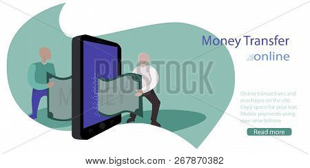 Money Transfer Online. Concept Illustration. Two People Pass Each Other A Bill Using Smartphone. E-c