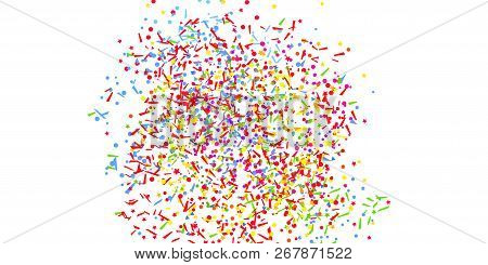 Confetti On Isolated White. Texture With Falling Geometric Elements. Abstract Background. Pattern Fo
