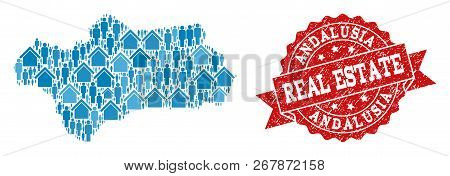 Real Estate Collage Of Blue Mosaic Map Of Andalusia Province And Grunge Seal. Vector Red Seal With U