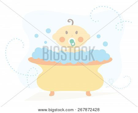 Baby In Bath Tub With Water And Bubbles