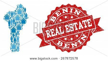 Real Estate Collage Of Blue Mosaic Map Of Benin And Rubber Stamp. Vector Red Watermark With Corroded