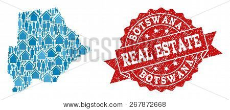 Real Estate Combination Of Blue Mosaic Map Of Botswana And Textured Stamp. Vector Red Seal With Dist
