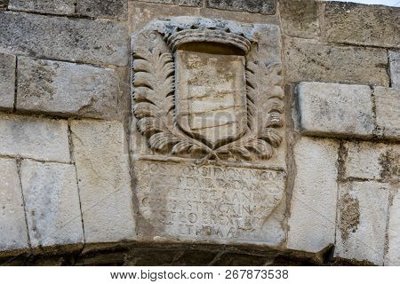 Detail Of Shield At The Entrance To The Historic Fortress La Suda In The City Of Lleida. Catalonia S