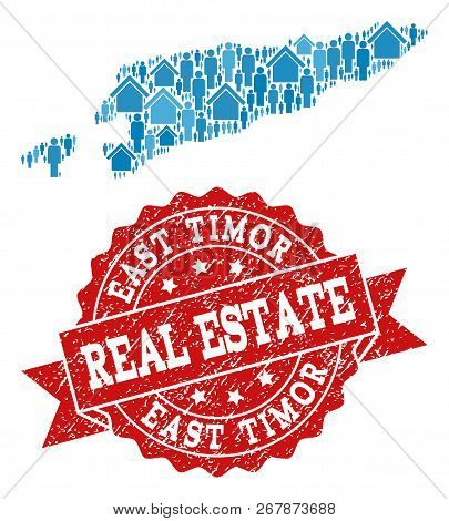 Real Estate Collage Of Blue Mosaic Map Of East Timor And Corroded Seal Stamp. Vector Red Imprint Wit