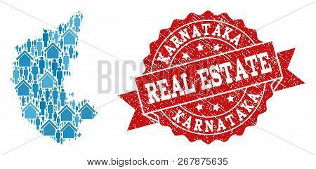 Real Estate Composition Of Blue Mosaic Map Of Karnataka State And Rubber Seal Stamp. Vector Red Wate