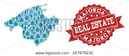 Real Estate Combination Of Blue Mosaic Map Of Majorca And Unclean Seal. Vector Red Seal With Grunge 