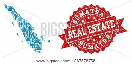 Real Estate Collage Of Blue Mosaic Map Of Sumatra Island And Rubber Stamp. Vector Red Imprint With G
