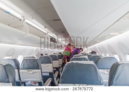 Kolkata, India - November 2, 2016: Interior Of Bombardier Q400 Of Biman Bangladesh Airlines.