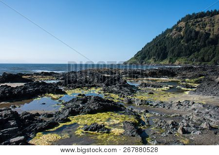 Rocky Ocean Shoreline During Low Tide At The Scenic Cape Perpetua Area Along The Oregon Coast, Along