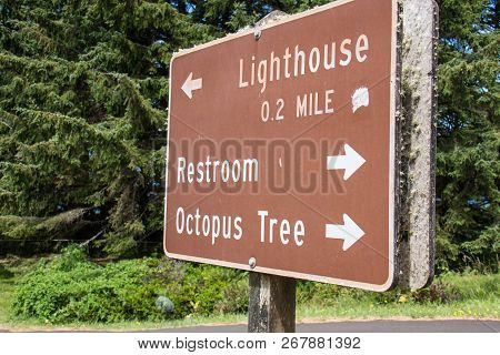 Sign In Cape Meares Oregon Telling Visitors Directions On How To Get To The Lighthouse, Restrooms An