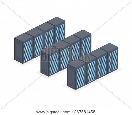 Isometric Server Room And Big Data Processing Concept, Datacenter And Data Base Icon, Digital Inform