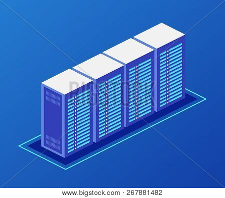 Isometric Server Room And Big Data Processing Concept, Datacenter And Data Base Icon, Digital Inform