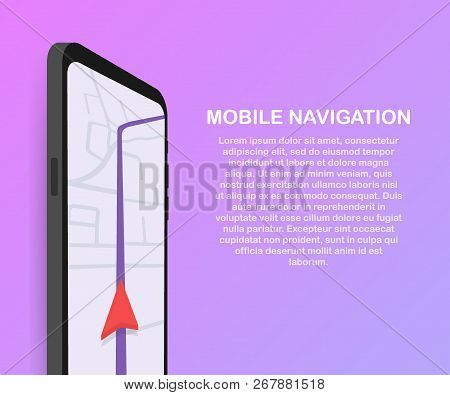 Vector Illustration Of Smartphone With Mobile Navigation App On Screen. Route Map With Symbols Showi