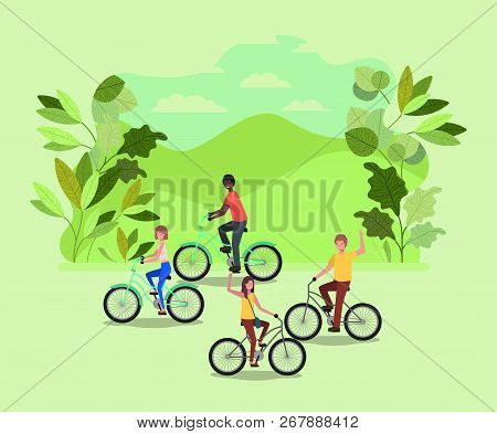 Group Of People On Bicycle In The Park Vector Illustration Design