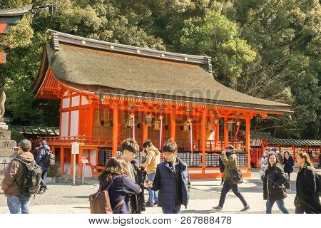 Kyoto, Japan, May 19, 2018 : Red Worship Hall Of Fushimi Inari Shrine With Many Peoples And Tourists