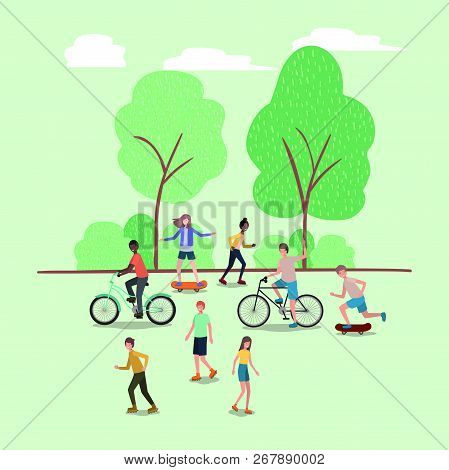People Practicing Sports On The Park Vector Illustration Design