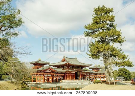Uji, Kyoto Prefecture, Japan, February 18 2018 : Byodoin Japanese Buddhist Temple Hall With Many Tou