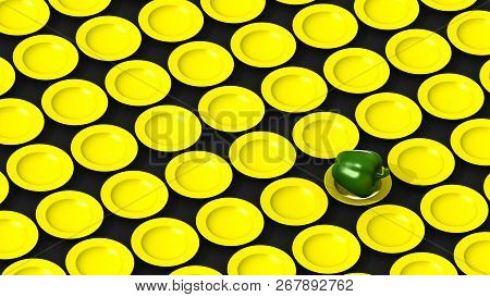 Pattern Made Of Yellow Plates With Green Pepper, 3d Rendering, Wide Video 16x9 Format