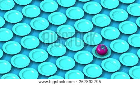 Pattern Made Of Blue Punchy Pastels Plates With Magenta Pink Tomato, 3d Rendering, Wide Video 16x9 F