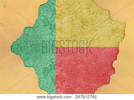 Benin Cracked Hole And Broken Flag In Big Concrete Material Facade Structure