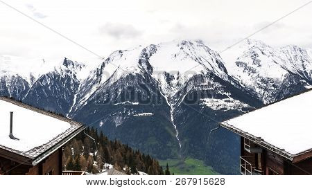 Snowy Roofs Of Bettmeralp Car Free Village In Swiss Alps