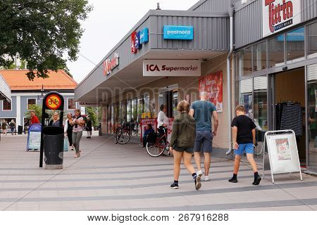 Arboga, Sweden - July 9, 2018: People Outside The Shops In Arboga City Center.