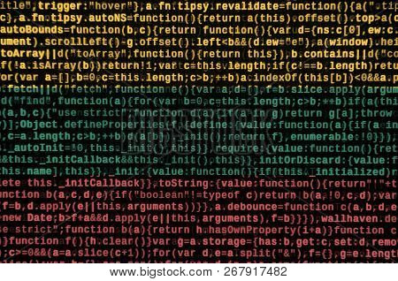 Lithuania Flag  Is Depicted On The Screen With The Program Code. The Concept Of Modern Technology An