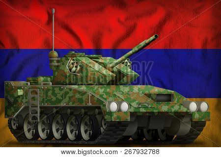 Light Tank Apc With Summer Camouflage On The Armenia Flag Background. 3d Illustration