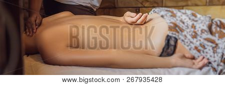 Total Relaxation. Beautiful Young Wwoman Get Balinese Or Thai Massage Banner, Long Format