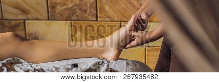 Total Relaxation. Beautiful Young Wwoman Get Balinese Or Thai Massage Banner, Long Format